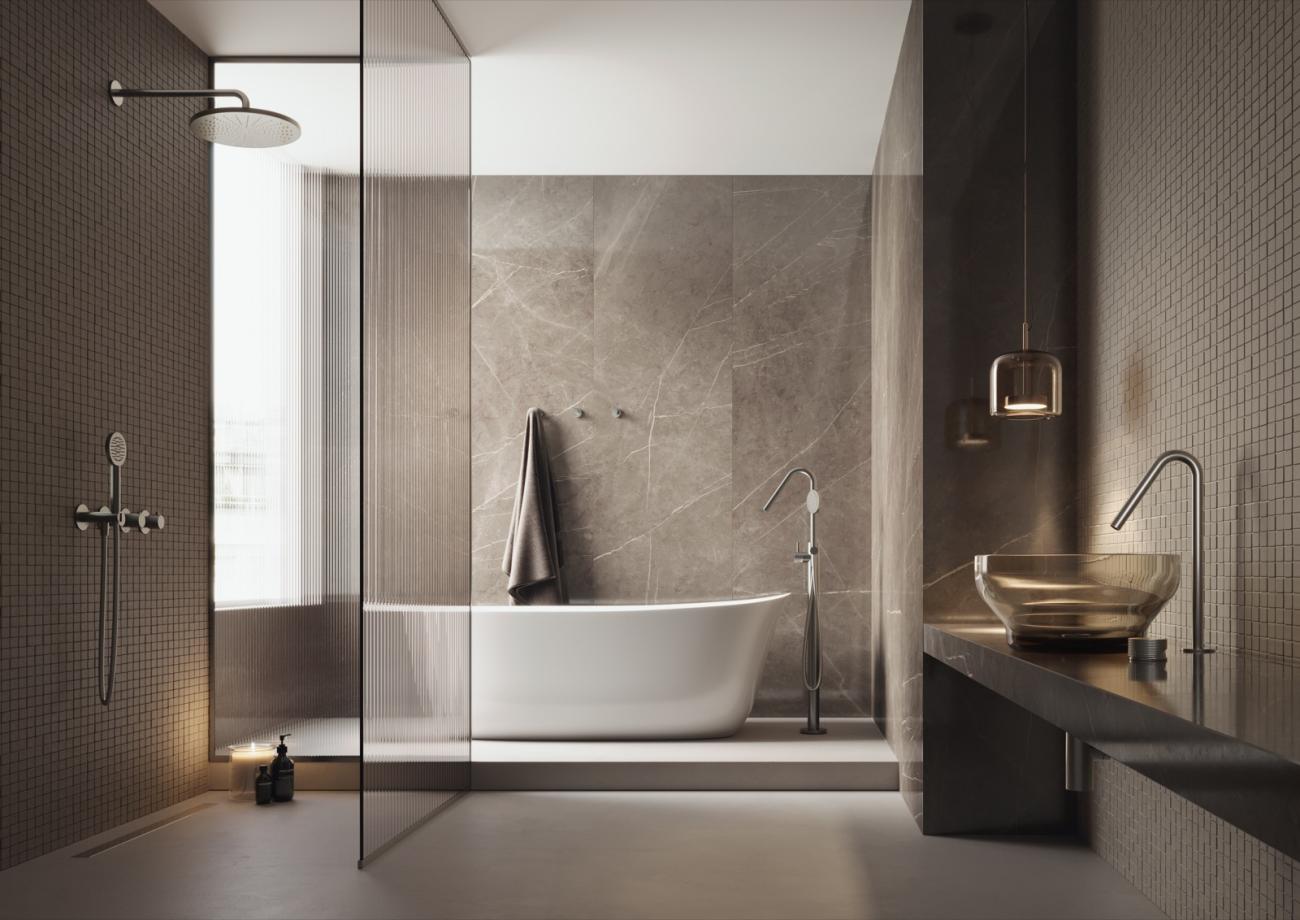 badkamer met design kraan bij douche en wastafel
