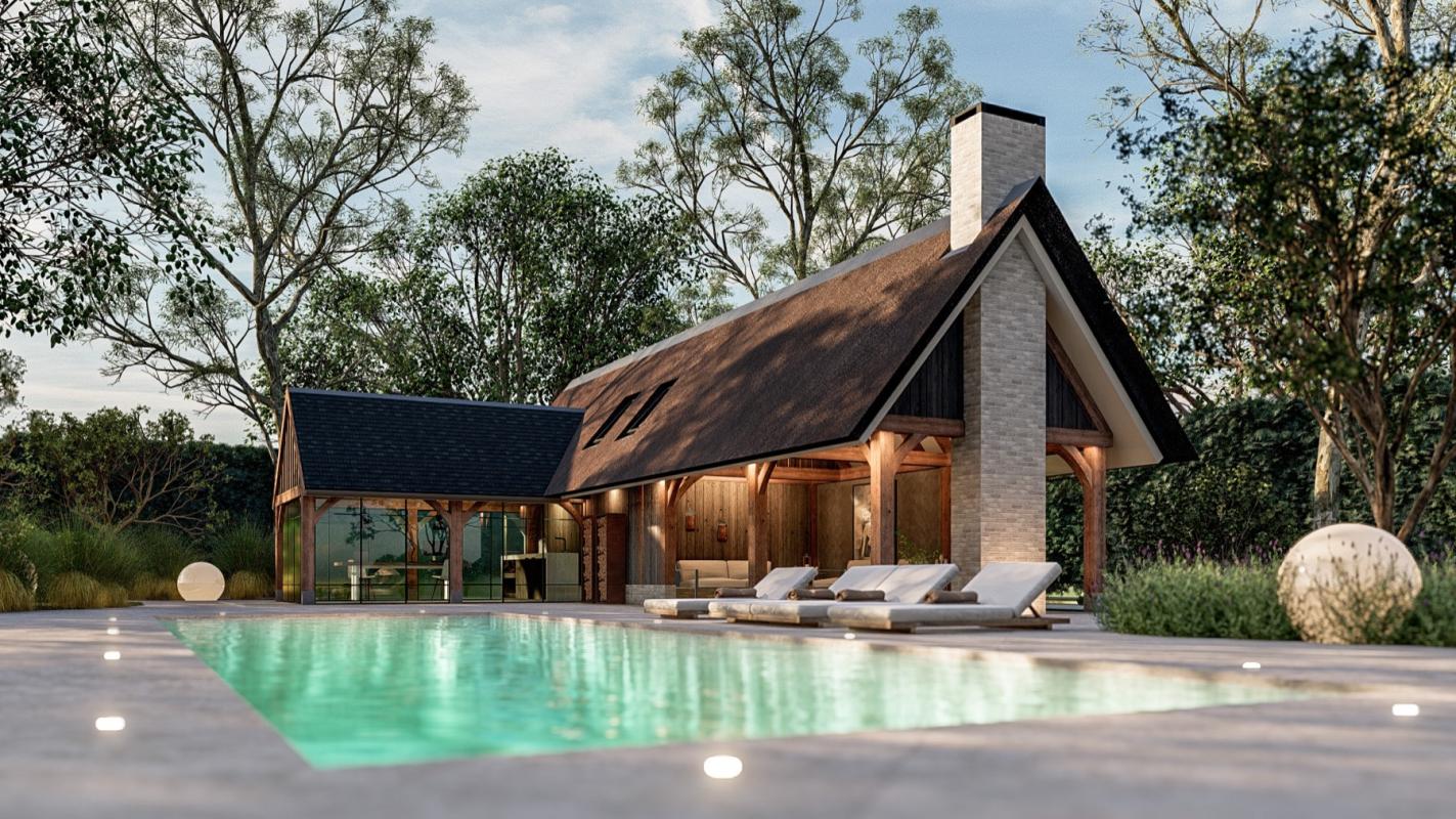 3d ontwerp modern poolhouse bij zwembad