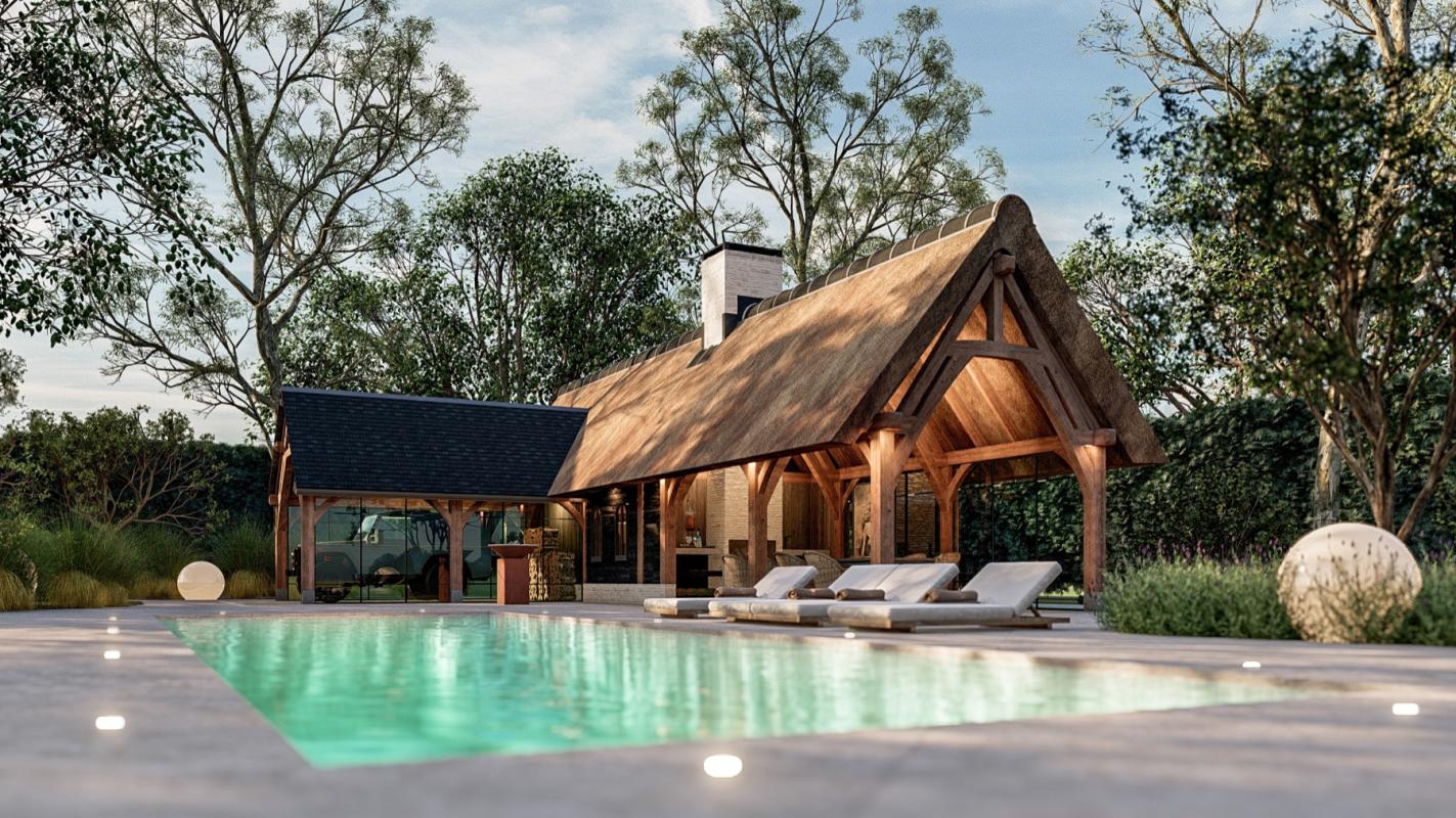 3d ontwerp luxe poolhouse bij zwembad