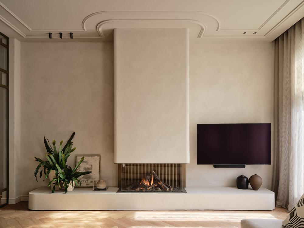 Exclusieve gasgestookte haard in luxe woonkamer