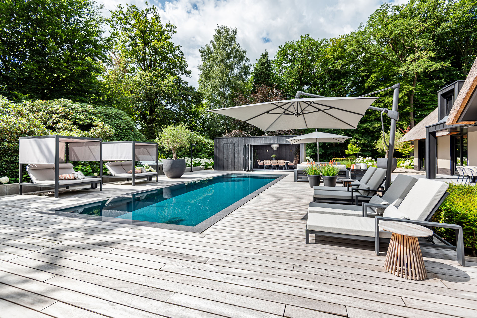 luxe tuin met zwembad