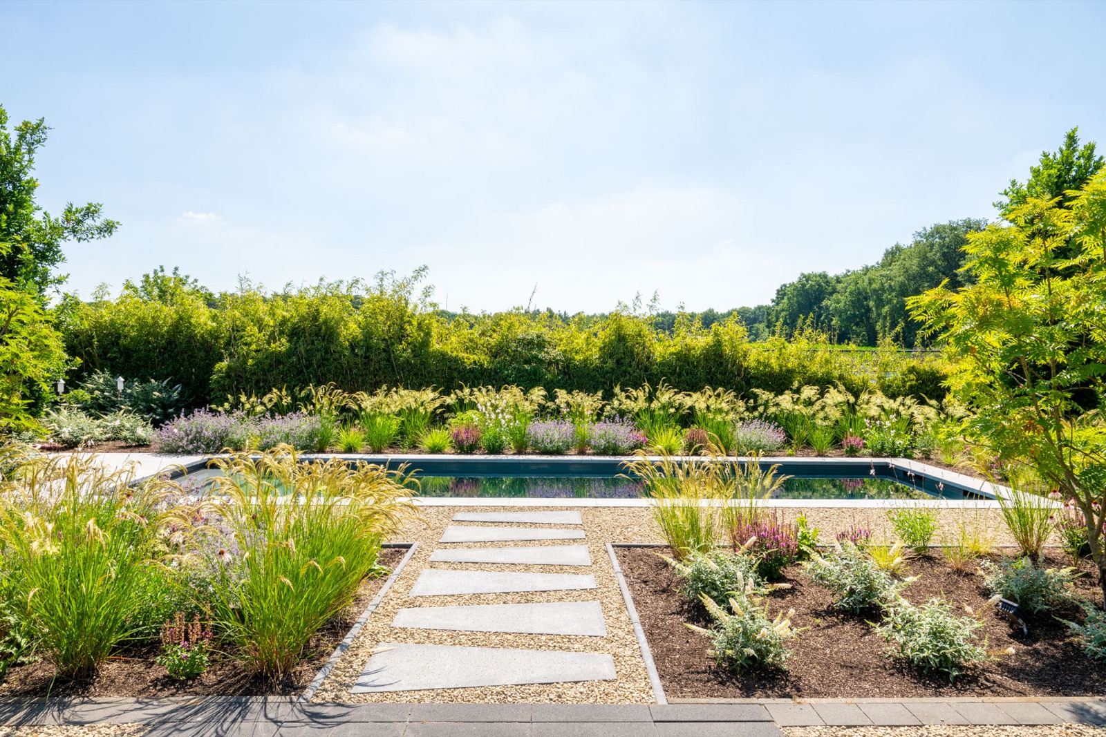 tuin met zwembad en staptegels