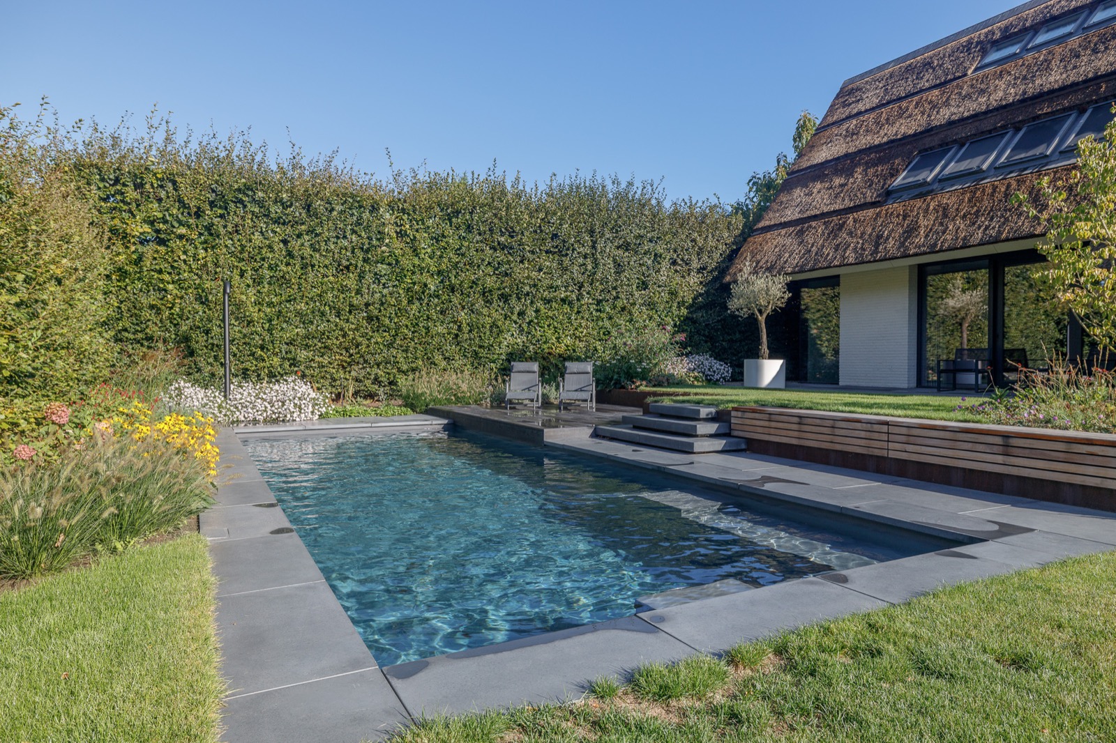 luxe tuin met zwembad