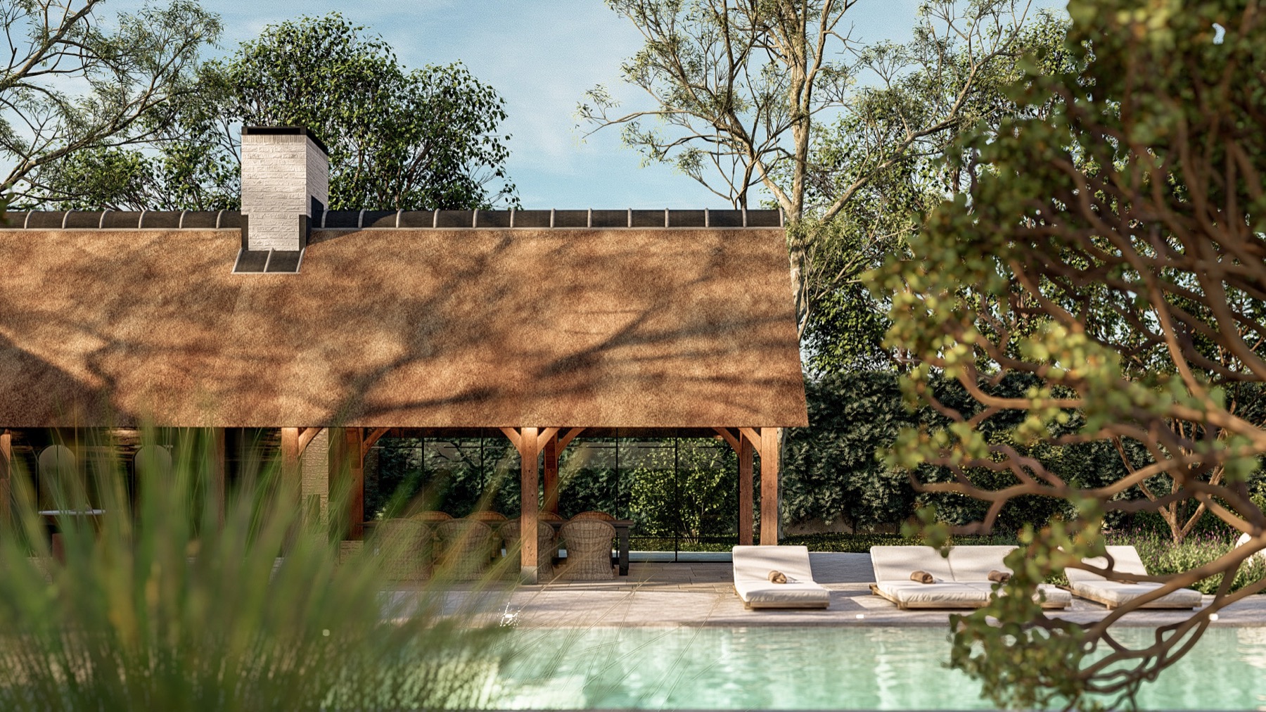 3d visualisatie tuin met zwembad en bijgebouw