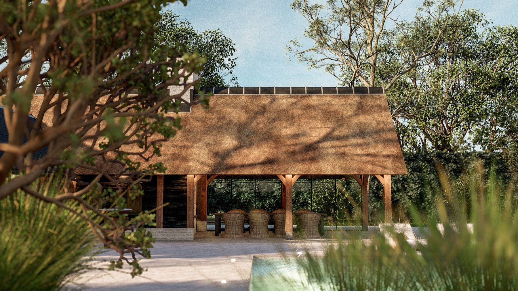 luxe bijgebouw met rieten dak
