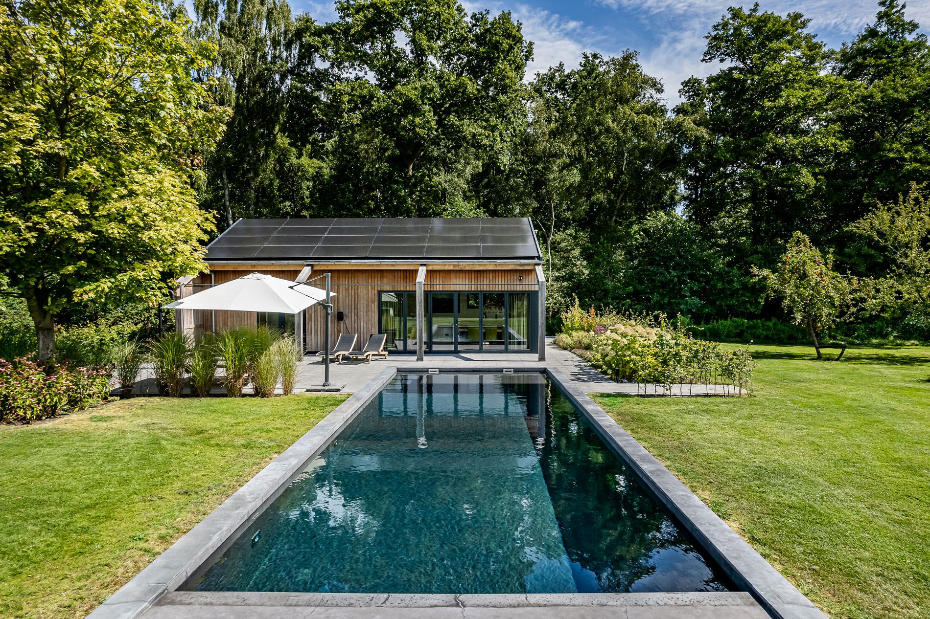 luxe tuin met zwembad