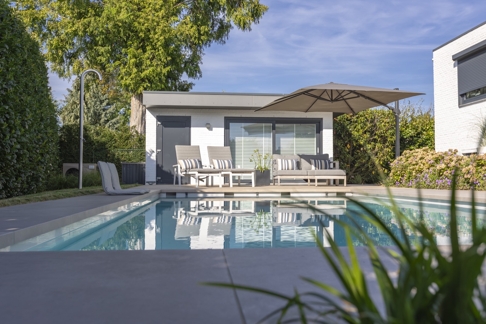 luxe tuin met zwembad