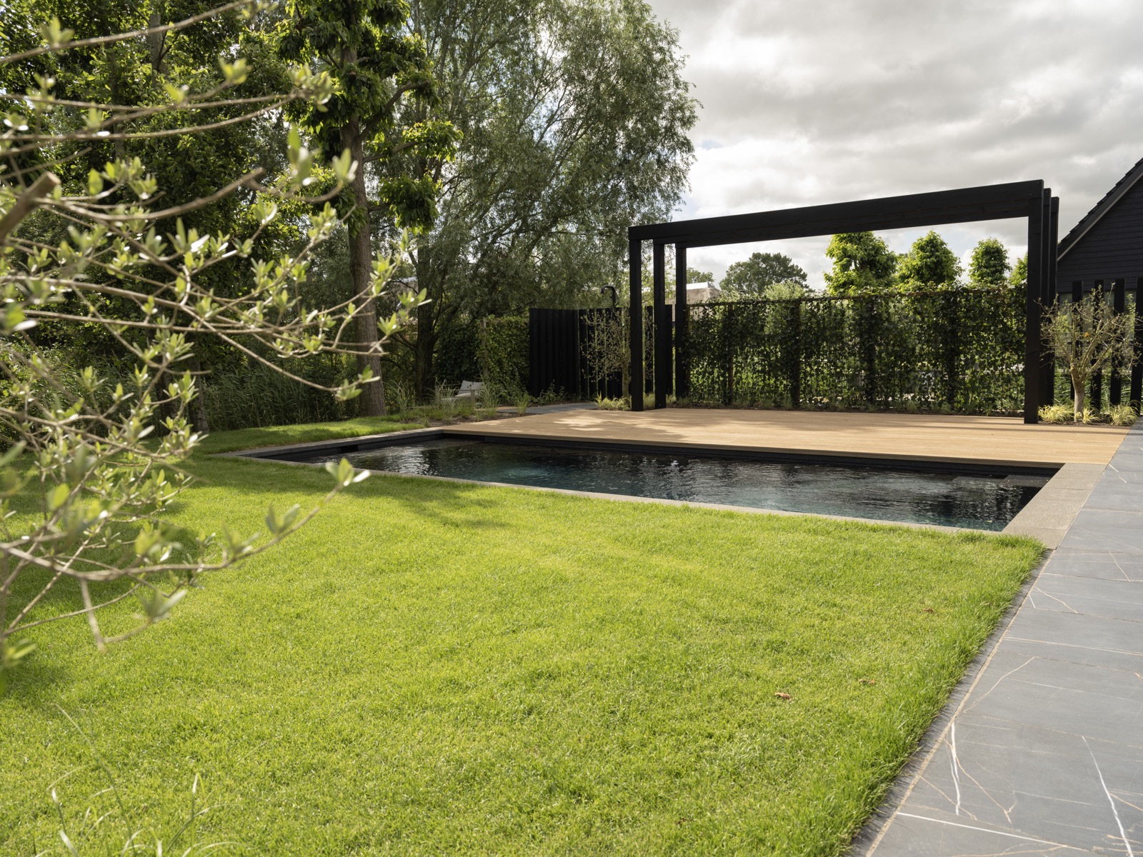 groene tuin met zwembad
