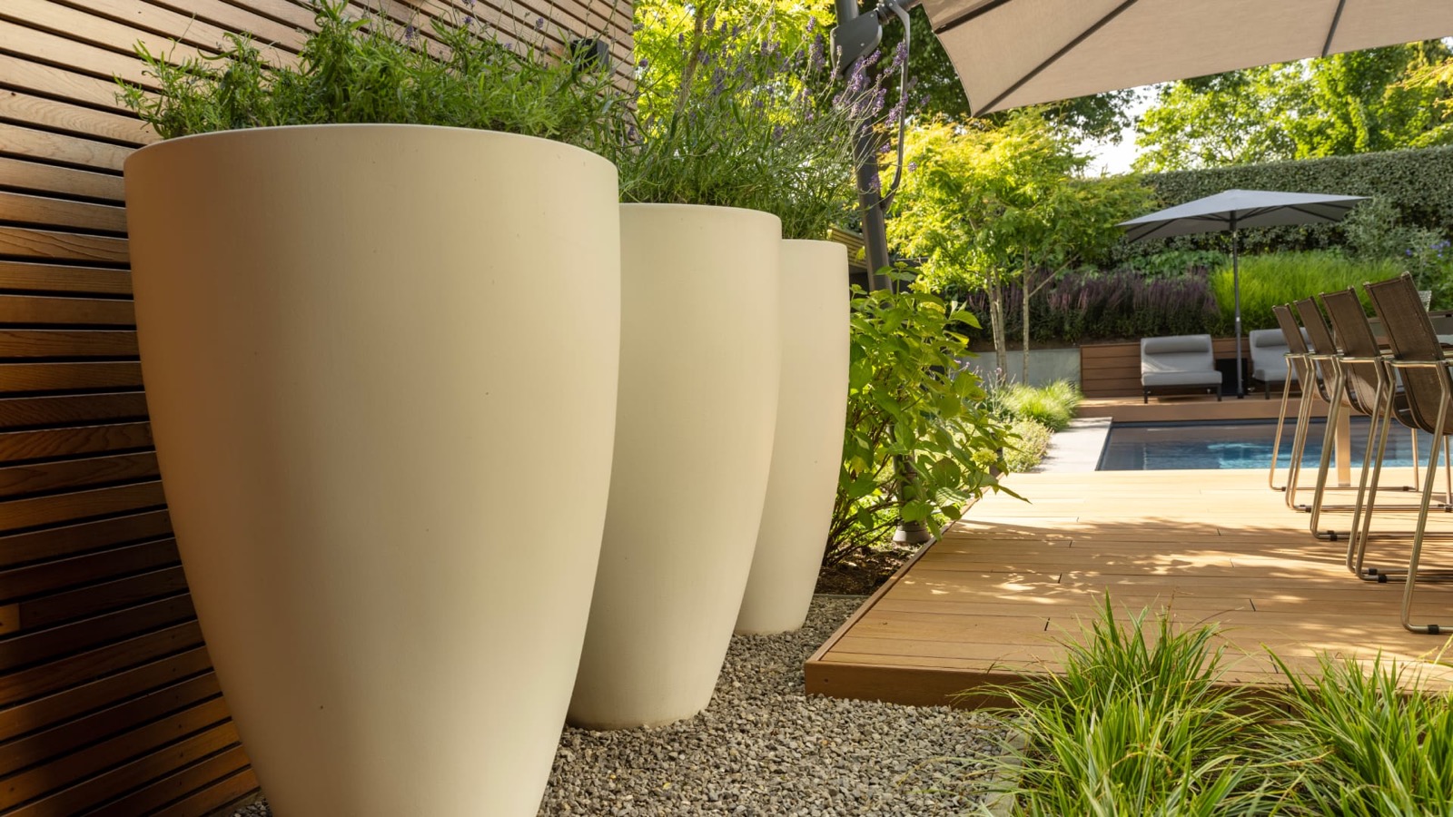 tuin met luxe plantenbakken en zwembad