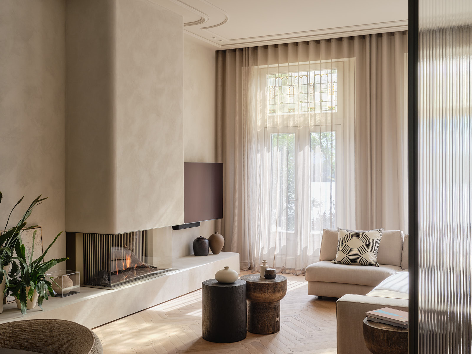 woonkamer met haard
