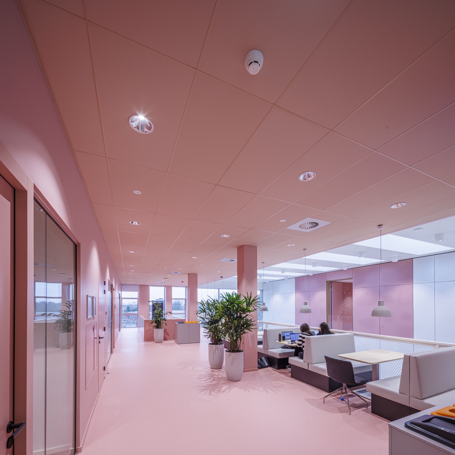roze ruimte in school met zitjes