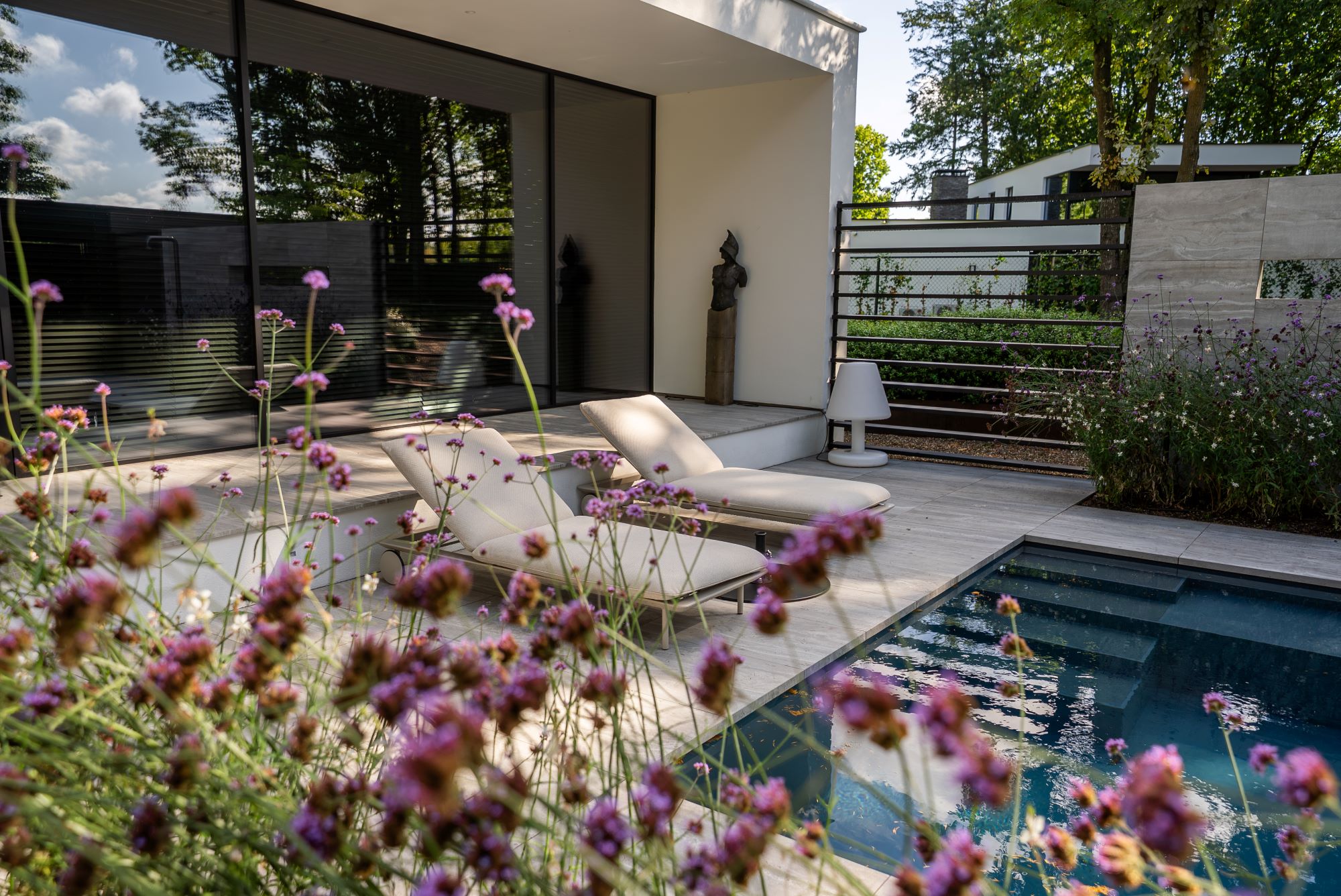 tuin met zwembad en ligbedden