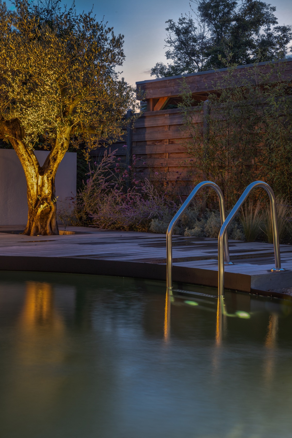 tuin met zwembad en buitenverlichting