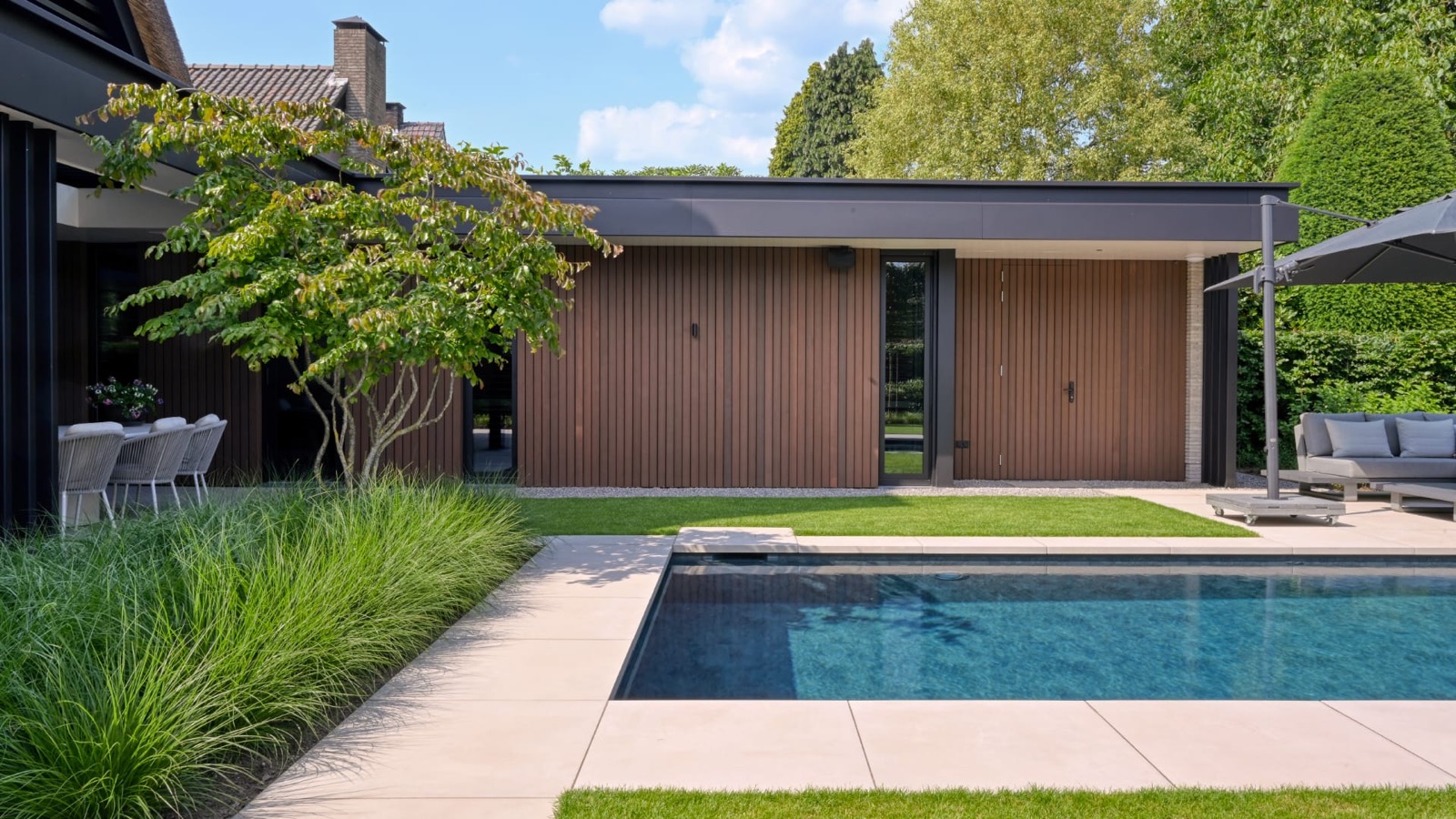 Moderne tuin met zwembad en houten latjes