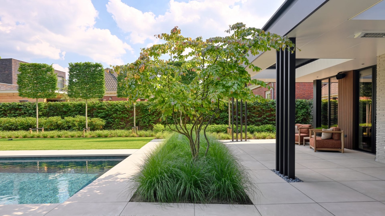 Strakke tuin met grillige boom